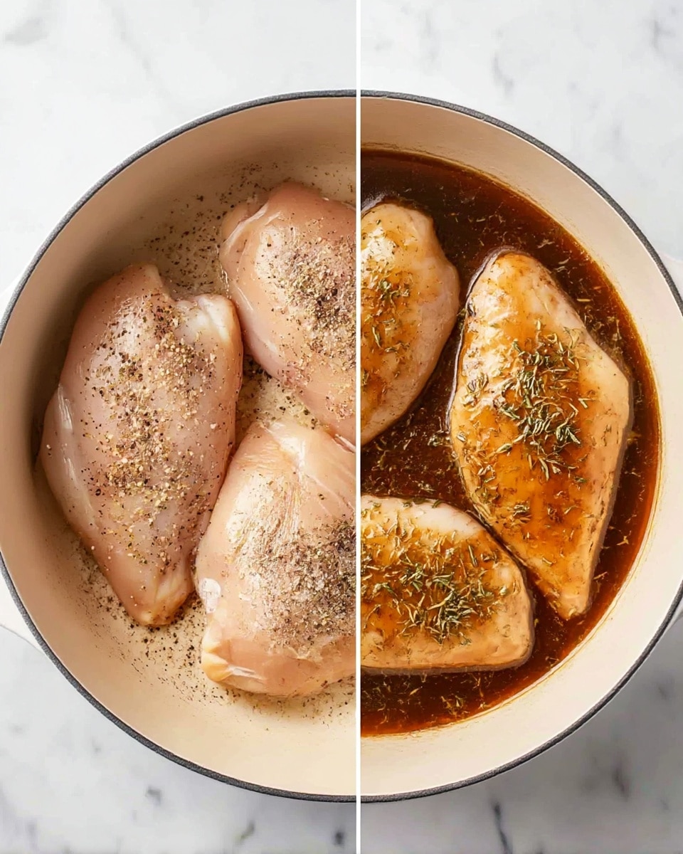 The image shows two side-by-side views of a white round cooking pot with three raw chicken pieces inside. On the left, the chicken is pale pink with some black pepper and herbs sprinkled on top, lying flat and dry at the bottom of the pot. On the right, the same chicken pieces are now covered in a dark brown sauce with herbs visible in the sauce, giving the chicken a wet and glazed look, still resting flat in the pot. The pot is sitting on a white marbled surface photo taken with an iphone --ar 4:5 --v 7