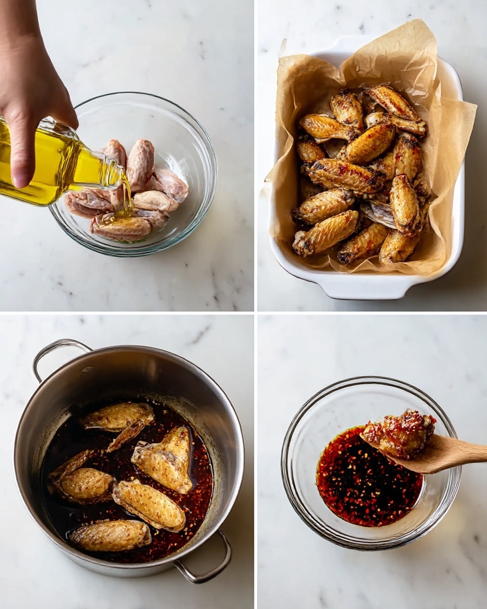 The image shows four panels of a cooking process on a white marbled surface: the top left panel features a woman's hand pouring golden oil over raw pale pink chicken wings arranged in a clear glass bowl; the top right panel displays a white baking dish lined with light brown parchment paper holding roasted chicken wings that are golden brown with some darker charred spots; the bottom left panel depicts a silver cooking pot filled with cooked chicken wings partially submerged in a dark reddish-brown sauce with visible red chili flakes; the bottom right panel shows a clear glass bowl containing a thick dark sauce with red chili flakes and a wooden spoon resting inside it, holding a single cooked chicken wing coated with the sauce, photo taken with an iphone --ar 4:5 --v 7