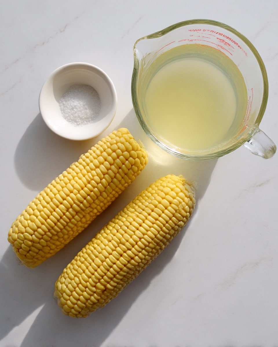 The image shows two yellow ears of corn placed side by side on a white marbled surface, with a small white bowl containing salt above them. To the right of the corn is a glass measuring cup filled with a light yellow liquid. The colors are soft and natural, and the setup is simple and clean, with all items spaced evenly. photo taken with an iphone --ar 4:5 --v 7