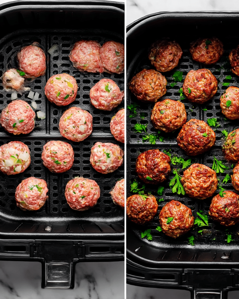 On the left side, there are raw meatballs inside a black air fryer basket arranged in three uneven rows, each meatball round and pinkish with visible white onion pieces and green herbs. On the right side, the cooked meatballs are deep brown with a slightly crispy texture, still inside the same black air fryer basket, scattered unevenly with some fresh green parsley leaves sprinkled on top. The background is a white marbled surface. photo taken with an iphone --ar 4:5 --v 7