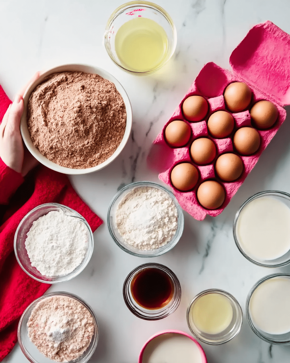 The image shows a white marbled surface with several ingredients placed neatly. At the top center, there is a bowl filled with light brown powder that looks like cocoa or flour. To the right, there is a pink carton holding seven brown eggs. Below the eggs, there is a small glass container with a dark liquid, possibly vanilla extract. Surrounding these, there are clear measuring cups with ingredients: water in the top left, a pale yellow liquid (likely oil) below it, and white milk on the right side. In the center, there is a white bowl with sugar, and near the bottom, there are bowls holding white and light brown powder and a thick white substance, perhaps cream or yogurt. A woman's hand partially holds a clear measuring cup in the top left corner, and a red cloth is placed to the far left. The overall setting is clean and organized on the white marbled surface photo taken with an iphone --ar 4:5 --v 7
