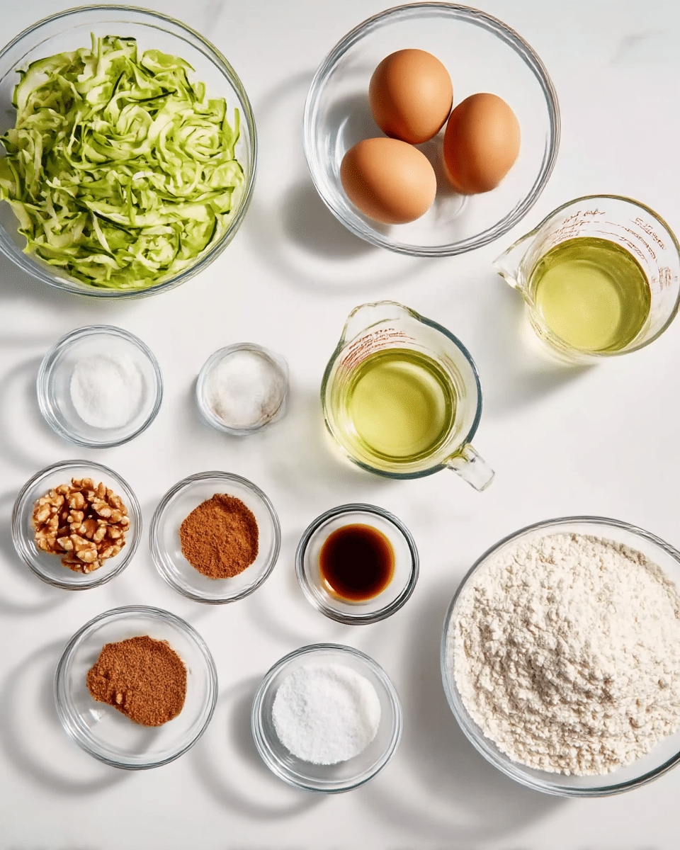 The image shows a white marbled surface with small glass bowls arranged neatly. Starting from the top left, there is a bowl filled with shredded green zucchini. Next to it is a bowl with three whole brown eggs. To the right is a glass measuring cup with a light yellow liquid, likely oil. Below these are smaller bowls with different ingredients: chopped walnuts in the bottom left, a bowl with brown cinnamon powder, a bowl with white granulated sugar, a small bowl with white baking powder, and another with white salt. There's a small bowl with dark brown vanilla extract close to the walnuts. On the far right, there is a large bowl filled with white flour. The whole layout is clean and orderly, with bright natural light. photo taken with an iphone --ar 4:5 --v 7