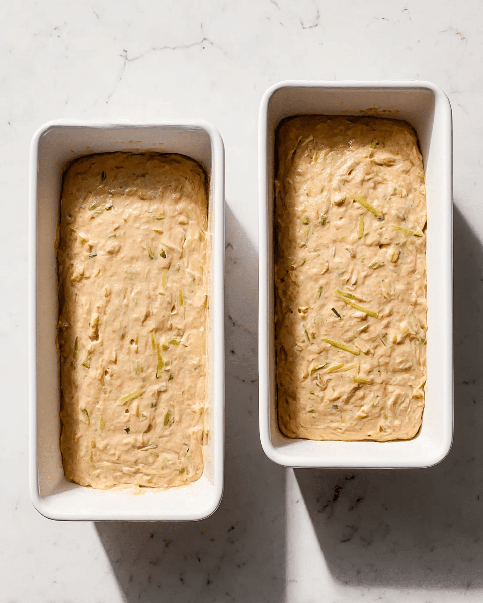 The image shows two white rectangular loaf pans filled with beige batter mixed with small chunks and green bits, likely shredded vegetables or herbs. The batter has a smooth, thick texture with visible small ingredients scattered throughout. Both loaf pans are placed side by side on a white marbled surface. The lighting creates a shadow that partly covers the right loaf pan, adding depth to the scene. Photo taken with an iphone --ar 4:5 --v 7
