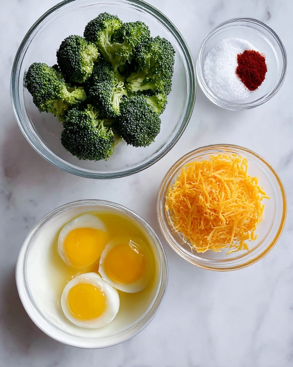 The image shows four small glass bowls and one white bowl arranged on a white marbled surface. The top left bowl is filled with fresh green broccoli florets, showing their textured tops. To the right, there is a small glass bowl holding white granulated salt with a small pile of red paprika on top. Below that, another small glass bowl contains shredded yellow-orange cheddar cheese. At the bottom left is a white bowl with four raw eggs cracked open, showing bright yellow yolks surrounded by clear egg whites. The bowls are neatly spaced out, creating a clean and organized look. Photo taken with an iphone --ar 4:5 --v 7