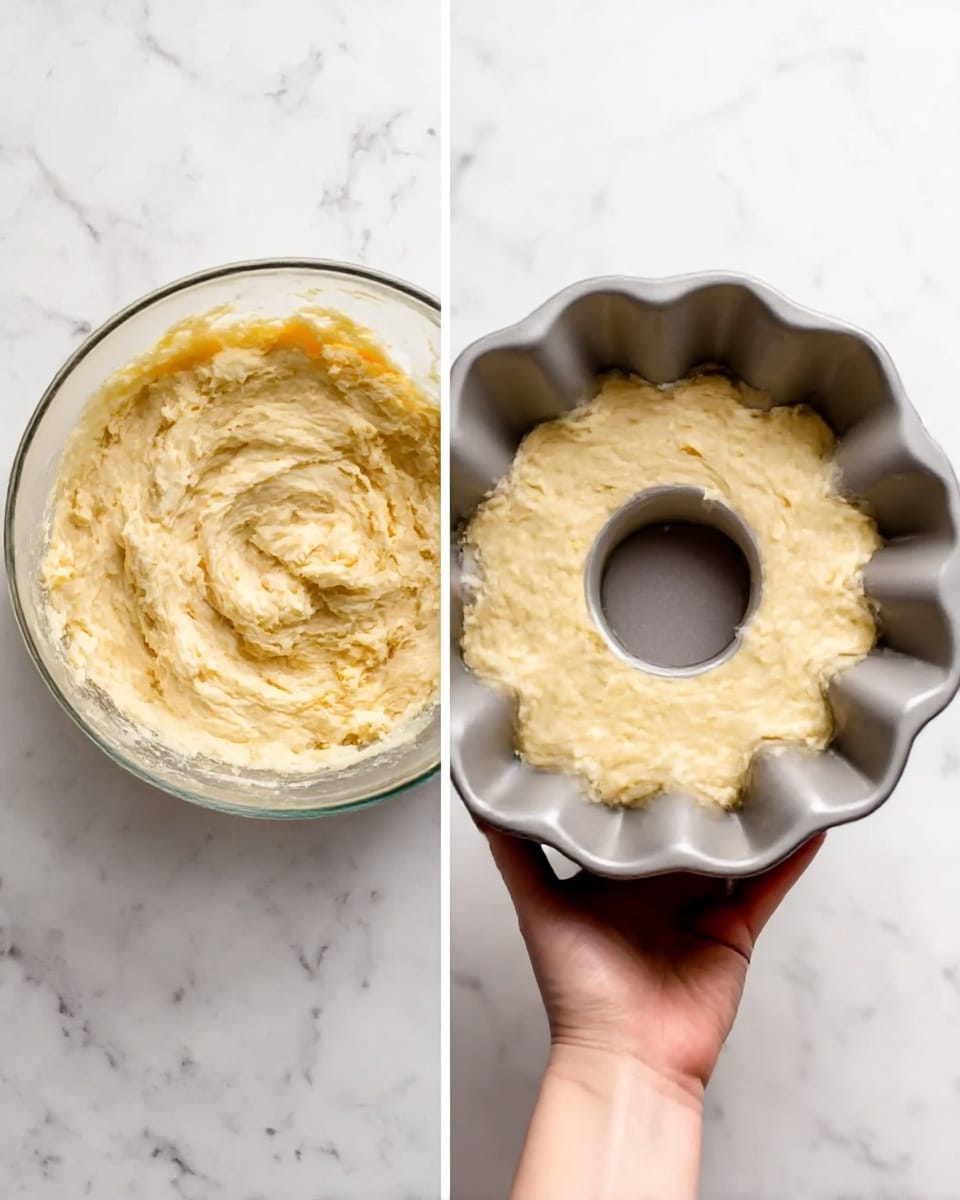 The image shows two views of a pale yellow batter with a creamy, slightly chunky texture in a clear glass bowl on a white marbled surface on the left, and the same batter spread evenly in a gray flower-shaped bundt pan held by a woman's hand on the same white marbled surface on the right. The batter fills the pan about three-quarters full, and the scene is clean and bright with soft natural lighting, highlighting the smooth and thick consistency of the batter. photo taken with an iphone --ar 4:5 --v 7