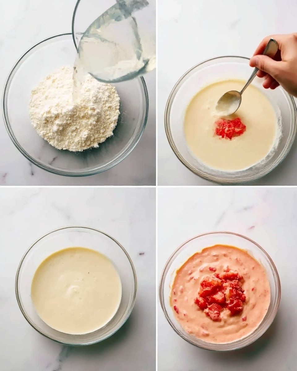 The image shows a sequence of four clear glass bowls on a white marbled surface, each bowl containing different stages of a mixture. The first bowl has white powder and clear liquid being poured in, creating a lumpy white mix. The second bowl shows a smooth, pale creamy liquid being stirred by a woman's hand using a spoon. The third bowl contains the same creamy mixture with bright red chunks and powder added on top at the center. The fourth bowl has the red and creamy mixture combined into a thick, smooth sauce with visible small chunks, filling the bowl evenly. Photo taken with an iphone --ar 4:5 --v 7