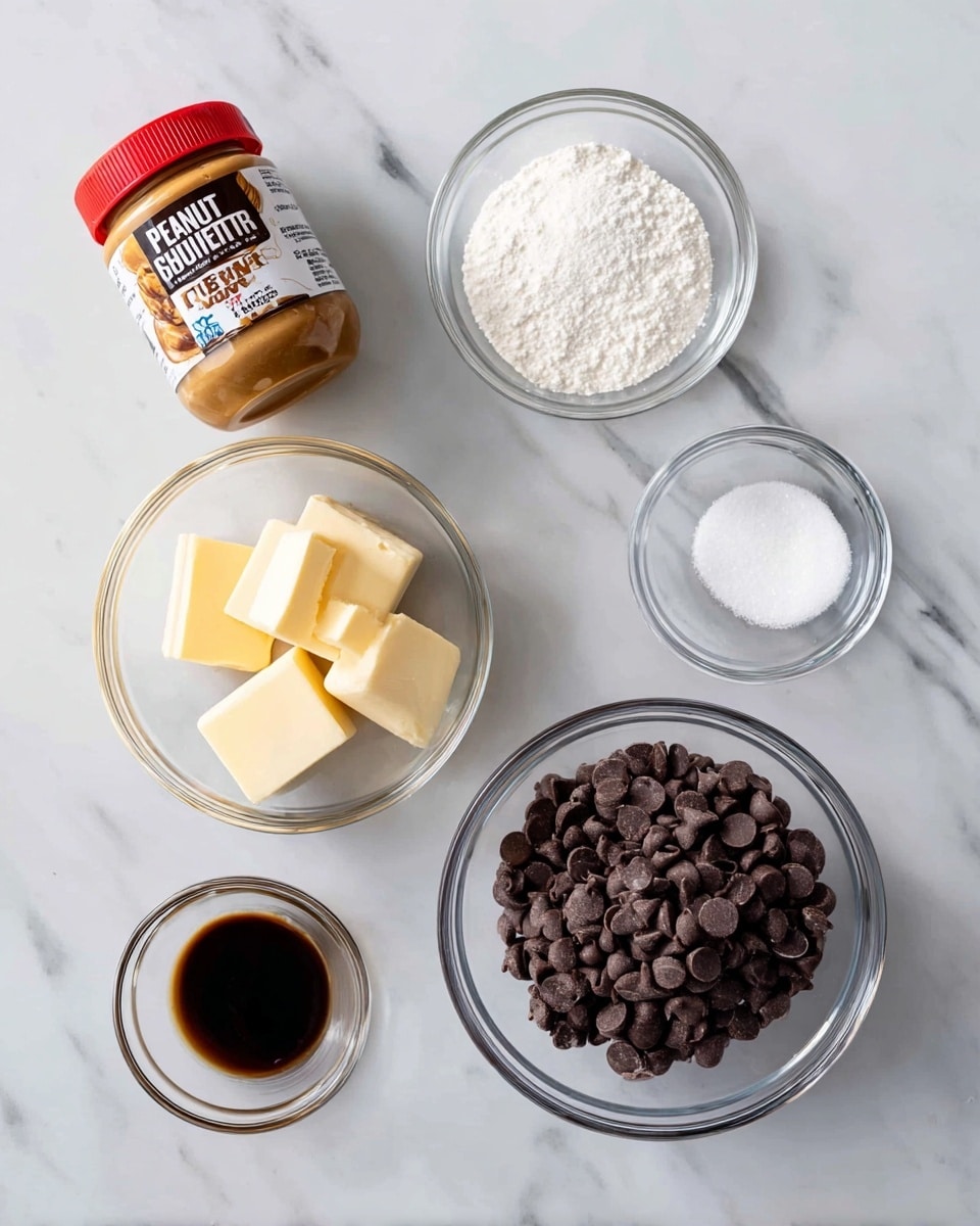 A top view of several ingredients placed on a white marbled surface. There is a glass bowl with dark brown milk chocolate chips in the right center. Below it, a small clear bowl contains white salt. To its left, another clear bowl holds white powdered sugar. In the middle, a small clear bowl with three blocks of pale yellow butter is placed. Above the butter, a tiny glass bowl with dark brown vanilla extract is seen. In the top left, a jar of peanut butter stands with a brown label and red lid. Each ingredient is labeled with black text on white background boxes. Photo taken with an iphone --ar 4:5 --v 7