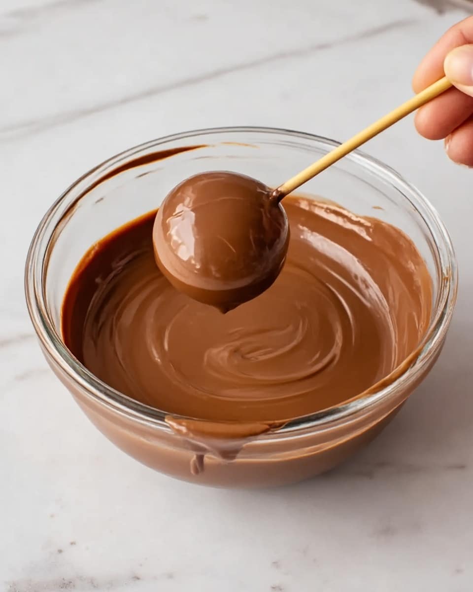 A transparent glass bowl filled with smooth, thick, light brown melted chocolate resting on a white marbled surface. A round treat coated in the chocolate is held by a woman's hand using a thin wooden skewer that is partially dipped into the chocolate. The chocolate covers the treat evenly with a glossy texture. Some chocolate drips slightly over the rim of the bowl. photo taken with an iphone --ar 4:5 --v 7