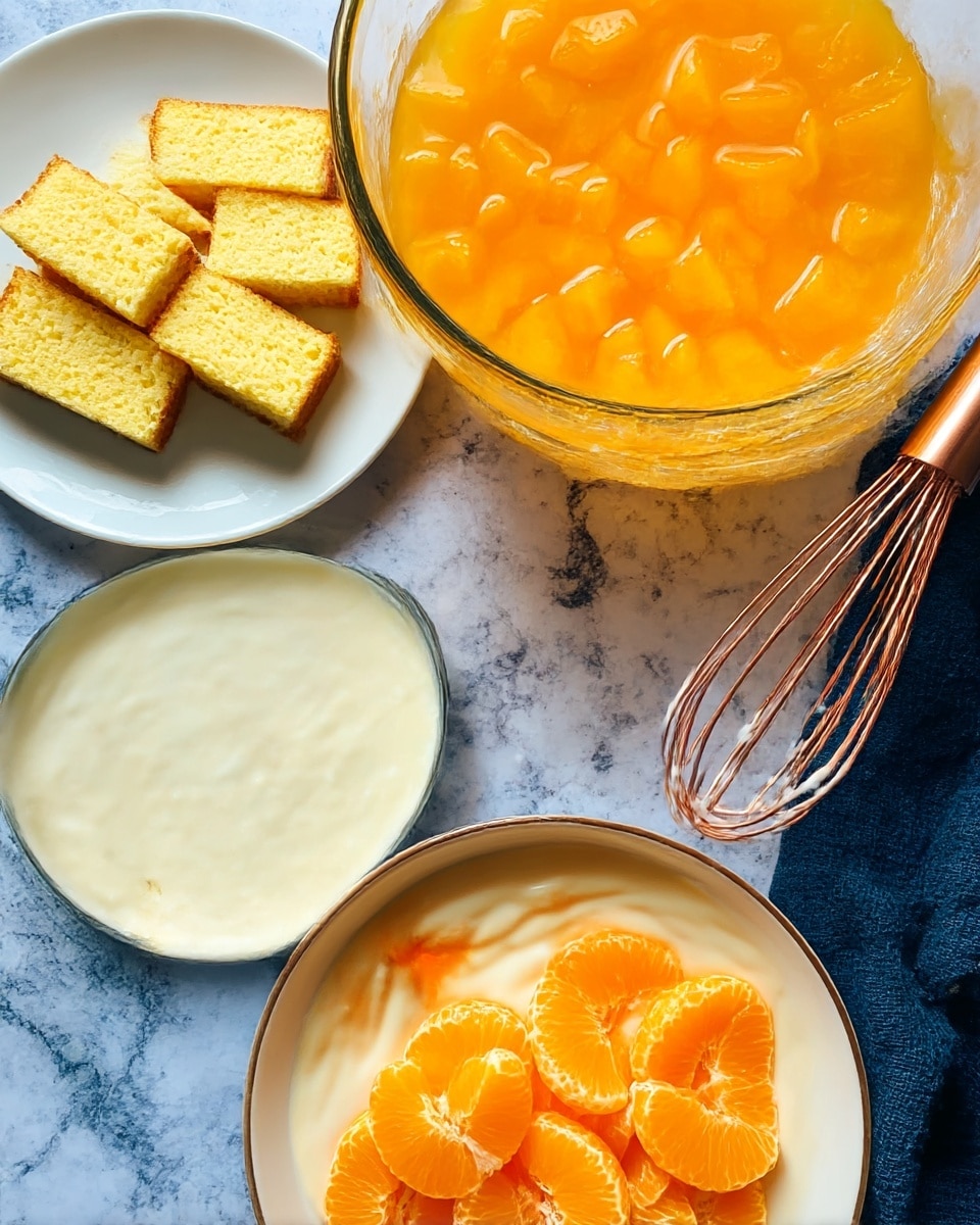 The image shows a top view of a food setup on a white marbled surface with four main items. On the left, there is a sliced cake or bread with a golden-yellow color, cut into small square pieces and placed on a white plate. Above it, there is a large transparent bowl filled with orange chunks in liquid, creating a bright, translucent orange layer. On the right side, there is a glass bowl with creamy white batter or sauce with a rose gold whisk standing inside it, giving a smooth texture to this layer. At the bottom, a round white plate is arranged neatly with peeled orange slices, showing a vibrant, fresh orange color. A dark blue cloth is partly visible on the top right corner. Photo taken with an iphone --ar 4:5 --v 7