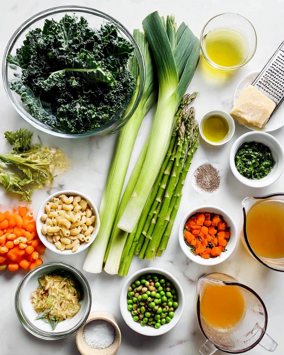 The image shows many ingredients neatly placed on a white marbled surface. There is a clear glass bowl with dark green chopped kale leaves on the left. Next to it are large green leeks with white bottom parts, and a bunch of fresh green asparagus spears lying horizontally. Surrounding these are small white bowls holding different items: elbow macaroni, white beans, bright green peas, diced orange carrots, grated white cheese, chopped fresh green herbs, olive oil, a light yellow liquid, and a small bowl with salt and pepper. A wooden grater with cheese nearby and a clear glass measuring cup with light brown broth are also visible. A woman's hand is not present. The arrangement is bright and clean, showing fresh and natural ingredients photo taken with an iphone --ar 4:5 --v 7