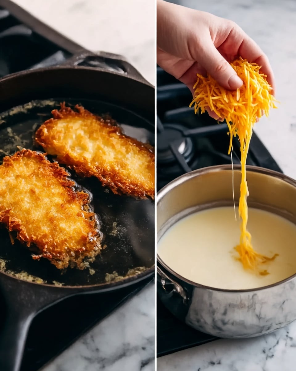 The image is split into two parts. On the left, there is a close-up of a black cast iron pan with two golden brown fried pieces sitting in hot oil, showing a crunchy texture with uneven crispy edges. On the right side, a woman's hand is holding bright orange shredded cheese over a shiny silver pot filled with a creamy white liquid, mid-drip as the cheese is about to fall into the pot. The background includes a black stove, all set on a white marbled surface. photo taken with an iphone --ar 4:5 --v 7