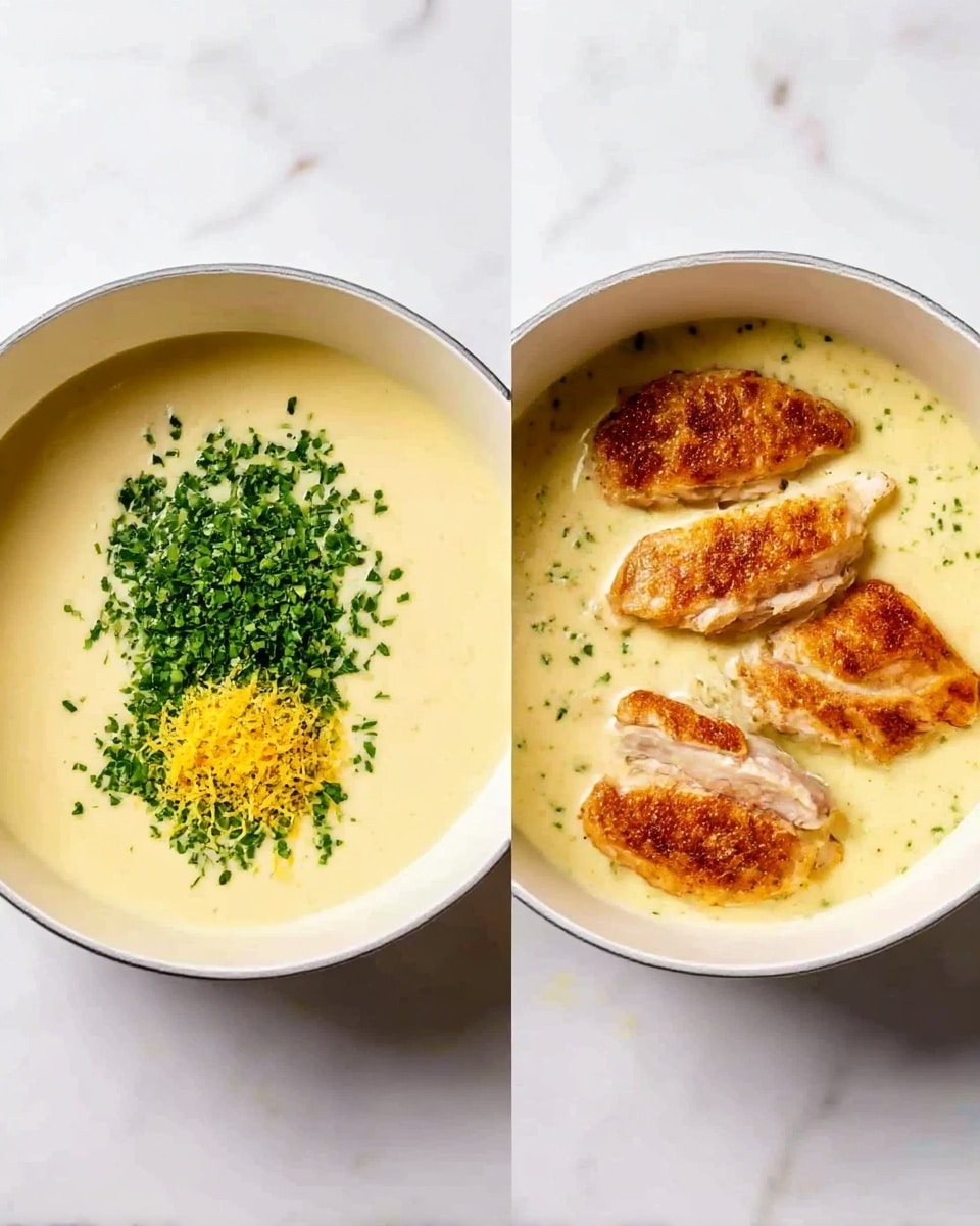 The image shows two white pots with a creamy sauce inside, placed on a white marbled surface. The left pot contains a smooth light yellow sauce topped with a pile of finely chopped green herbs and a small heap of bright yellow zest, both sitting near the center of the sauce. The right pot has the same yellow creamy sauce but with four golden brown pieces of cooked chicken placed evenly on top, showing a slightly crispy texture. The background and the pots are bright, highlighting the creamy and textured ingredients inside. Photo taken with an iphone --ar 4:5 --v 7