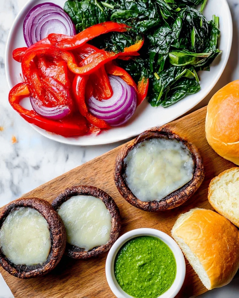 The image shows a white plate with cooked red bell pepper slices and rings of purple onion. Next to it, another white plate holds a pile of cooked spinach leaves, deep green and slightly glossy. Below these plates on a wooden board, two grilled mushroom caps are topped with melted white cheese. In between the wooden board and spinach plate is a small white bowl with bright green sauce, smooth in texture. To the right of the sauce are two halves of a soft, golden-brown sandwich bun, one lying face up showing the fluffy inside, and the other lying face down. The background is a white marbled surface. photo taken with an iphone --ar 4:5 --v 7