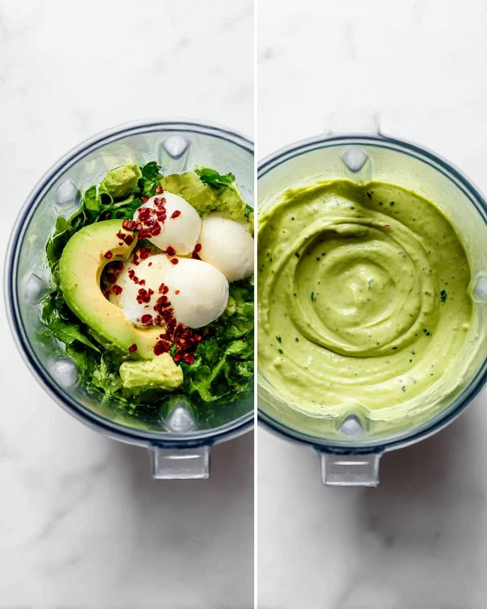 Two images side by side show a round clear blender bowl on a white marbled surface. The left image has layers including chopped green avocado pieces, fresh green herbs, white mayonnaise dollops, and red chili flakes on top. The right image shows the same blender bowl filled with smooth bright green sauce with some darker green flecks, swirled neatly in the middle. photo taken with an iphone --ar 4:5 --v 7