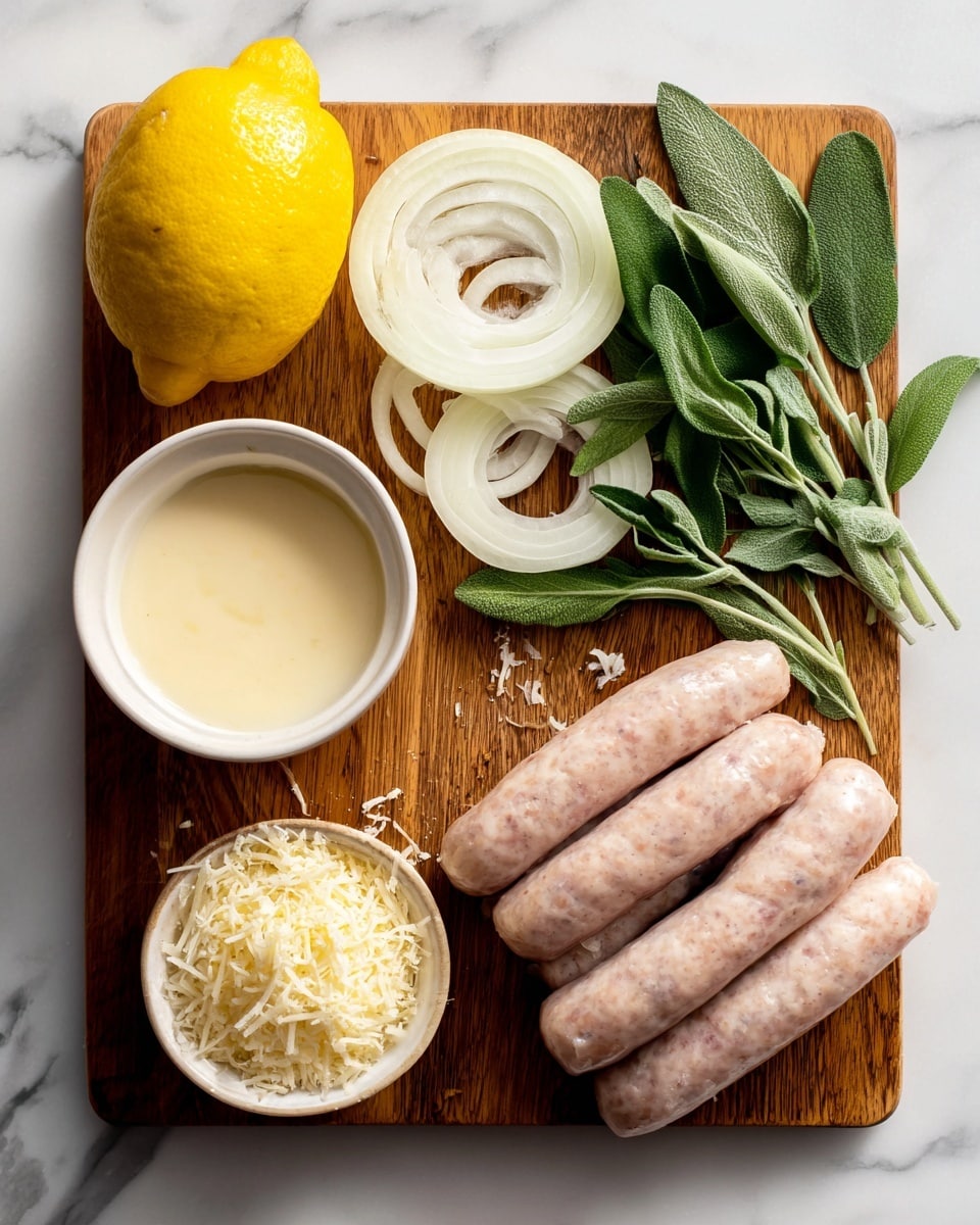 The image shows a wooden chopping board placed on a white marbled surface with various ingredients neatly arranged: a whole yellow lemon on the left, thin white onion slices placed above the center, bright green fresh sage leaves arranged in a small bunch to the right, and five raw pale pink sausages stacked in a small pile at the bottom right. In the bottom left corner, there is a small white bowl filled with smooth, light cream, and next to it, there is another small white bowl heaped high with finely grated pale yellow parmesan cheese. The scene is brightly lit, capturing the fresh textures and colors clearly, photo taken with an iphone --ar 4:5 --v 7
