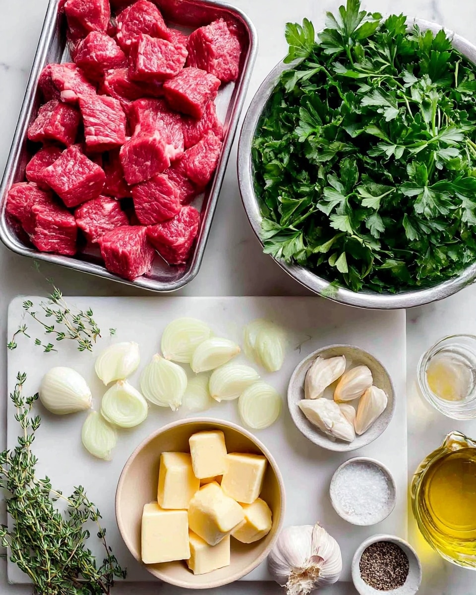 The image shows a food preparation scene on a white marbled surface with several ingredients neatly placed. In the top left, there is a silver tray full of raw red beef cubes with a rich, fresh texture; to the right, a large silver bowl filled with fresh green parsley leaves that look vibrant and full. Below the beef tray, thinly sliced pale yellow garlic is scattered on a white board, surrounded by fresh green thyme sprigs on the bottom left. A small light brown bowl holding several pale yellow butter cubes sits in the bottom right center. Near the butter, there are white garlic cloves and small bowls containing salt and black pepper placed around. A small clear glass container with golden olive oil is also visible on the right side. The whole scene is clean and bright, arranged carefully for cooking preparation. photo taken with an iphone --ar 4:5 --v 7