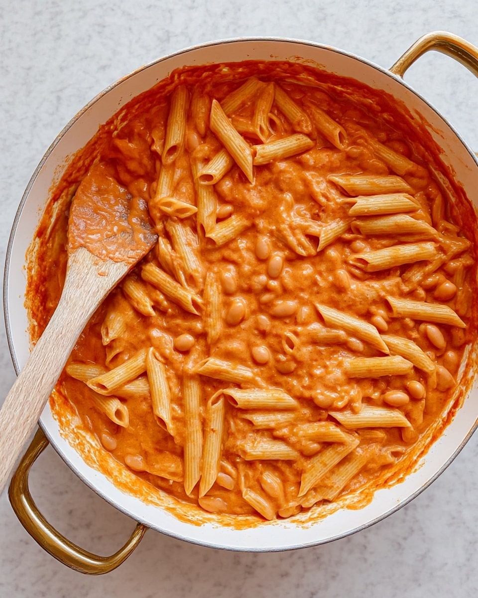 A white pan filled with one layer of penne pasta mixed with beans in a creamy, orange-red tomato sauce; the sauce evenly coats the pasta and beans, giving a slightly thick and smooth texture; a wooden spoon with some sauce stains is partially visible on the left side, resting inside the pan; the pan has golden handles and is placed on a white marbled surface photo taken with an iphone --ar 4:5 --v 7