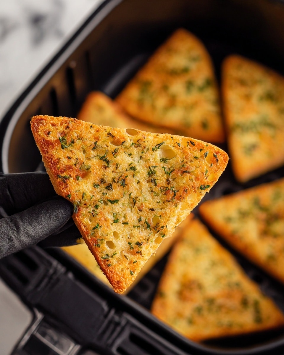 The image shows a close-up of a golden-brown, crispy triangular piece of bread with green herb bits on the surface, held by a woman's hand wearing a black glove. The texture is airy with small holes, and the edges are slightly toasted. In the background, more similar triangular bread pieces are placed inside a black air fryer basket, all showing the same golden, crisp surface with scattered green herbs. The setting has a clean white marbled texture visible at the edge of the air fryer. photo taken with an iphone --ar 4:5 --v 7