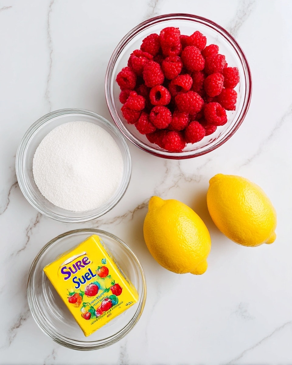 A top-down view of four items on a white marbled surface: on the top right, a clear glass bowl filled with bright red raspberries with a bumpy texture; below it on the left, another clear glass bowl holding fine white granulated sugar; on the bottom right, two whole bright yellow lemons with smooth slightly shiny skin placed side by side; and on the top left, a small yellow box of Sure-Jell fruit pectin with colorful fruit images on the front. photo taken with an iphone --ar 4:5 --v 7