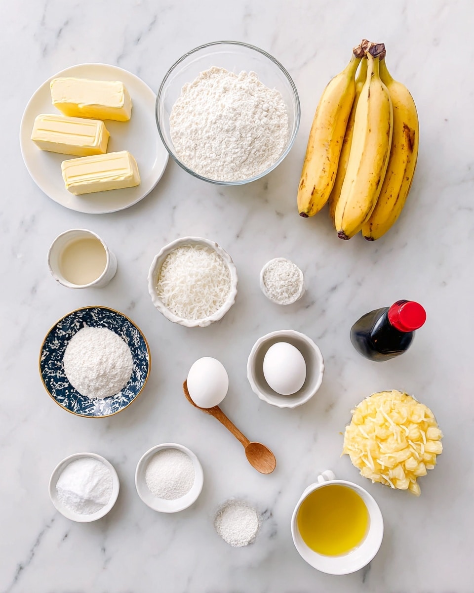 A top view of various baking ingredients neatly arranged on a white marbled surface, including a small white plate with three sticks of butter at the top left, a clear glass bowl filled with white flour just right of the butter, and a bunch of three yellow bananas with brown spots to the right of the flour. Below the butter is a small white cup with a light liquid, next to a tiny white dish with a small wooden spoon resting inside holding white granules. Two white eggs sit in a round dish with a dark blue floral pattern below these items. Further down on the left is a clear container of white sugar and two small white dishes holding white powders near the center. On the right side below the bananas is a white cup filled with yellowish oil, a small bottle with a black body and red cap, a white container with shredded white coconut, and a white container filled with crushed yellow pineapple at the bottom right. The image shows everything carefully spaced on the marble surface. photo taken with an iphone --ar 4:5 --v 7