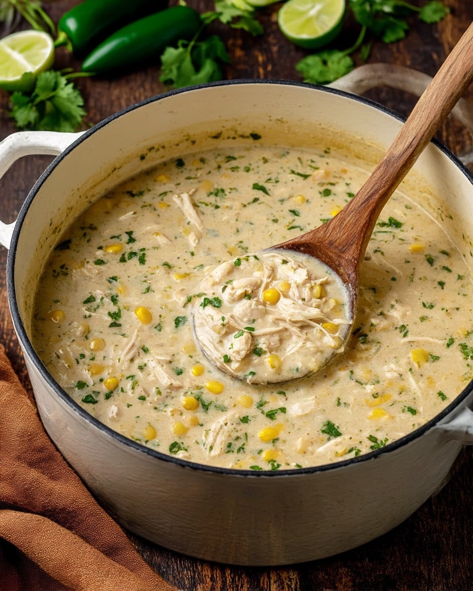 A large white pot filled with thick creamy soup that has visible shredded chicken pieces, white beans, and yellow corn kernels scattered throughout, with green herb specks sprinkled on top. The soup has a rich beige color with a smooth, slightly chunky texture. A wooden ladle is placed inside the pot resting on the soup surface, filled with a scoop of the same soup showing ingredients clearly. The pot sits on a worn, dark wooden table with a brown cloth folded beside it, and some cilantro leaves, lime wedges, and a jalapeño pepper are placed in the blurred background. Photo taken with an iphone --ar 4:5 --v 7