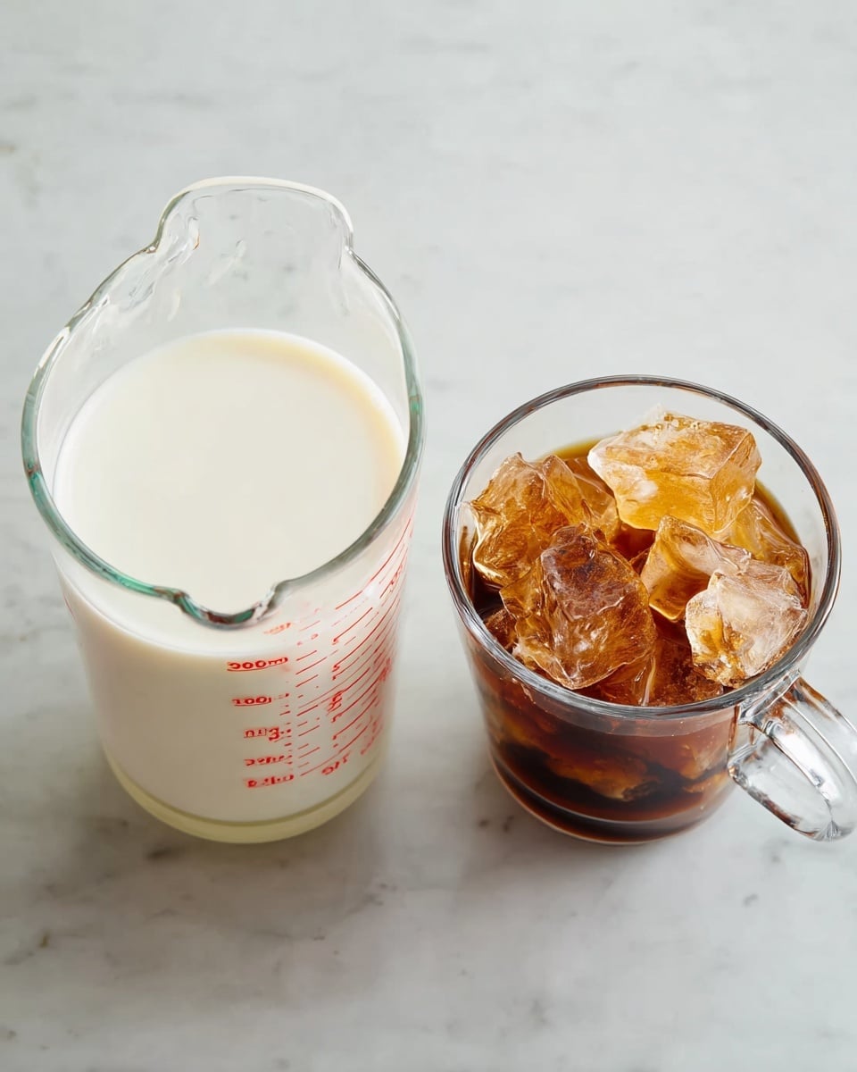 Two glass containers sit side by side on a white marbled surface. On the left, there is a clear glass measuring cup filled with smooth, white milk, showing red measurement numbers on its surface. On the right, a clear glass mug holds dark brown coffee with large, uneven ice cubes piled on top, some cubes showing orange tones from the coffee beneath. The scene is brightly lit, capturing the different textures of the liquid milk and solid ice cubes. Photo taken with an iphone --ar 4:5 --v 7