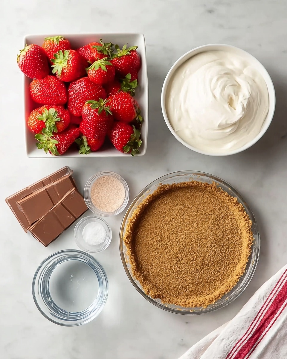 The image shows ingredients for making a dessert arranged neatly on a white marbled surface. At the center bottom is a clear glass pie dish with a light brown crumb crust pressed evenly inside, forming the base layer. At the top left, there is a white square bowl filled with fresh, bright red strawberries with green leaves. To the right of the strawberries is a white round bowl filled with smooth, white cream. Below the cream, there are two small wrapped blocks of milk chocolate placed side by side. Next to the chocolate, there is a small clear glass bowl containing a bit of white granulated sugar. Below the sugar bowl is a clear glass filled with water. A white and red striped cloth is partially visible at the bottom right corner. photo taken with an iphone --ar 4:5 --v 7