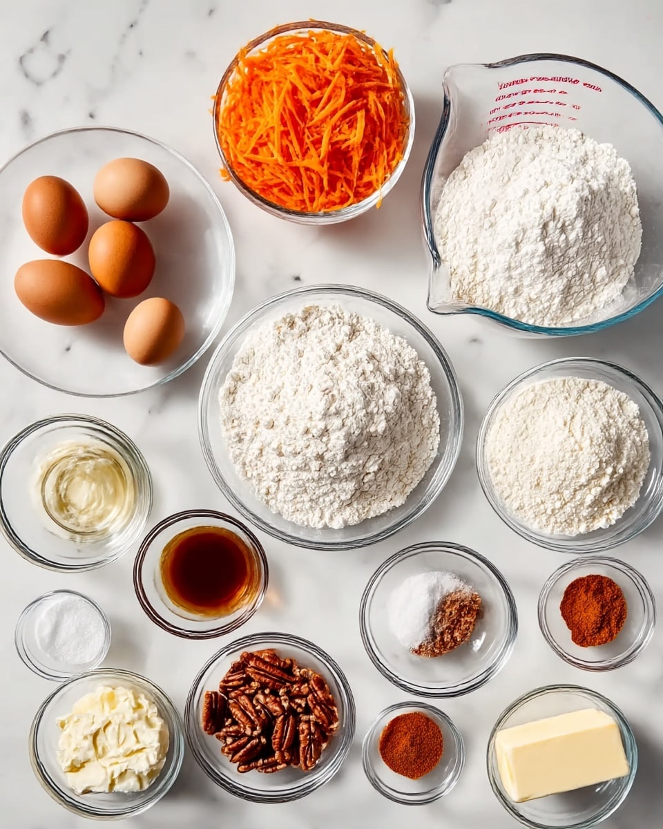 A top view of various baking ingredients arranged neatly on a white marbled surface, including three brown eggs in a small clear glass bowl, shredded orange carrots in a white pitcher with measurement marks, a mound of white flour in a medium clear glass bowl, a mound of white powdered sugar in a larger clear glass bowl, chopped pecans in two small clear glass bowls, creamy white cream cheese in a small clear glass bowl, a stick of light yellow butter partially wrapped in paper, two small clear bowls with vanilla extract, small clear glass bowls with white salt, baking soda, and baking powder, and a small clear glass bowl with a reddish-brown spice, likely cinnamon. All ingredients are evenly spread and presented with a clean, bright look photo taken with an iphone --ar 4:5 --v 7