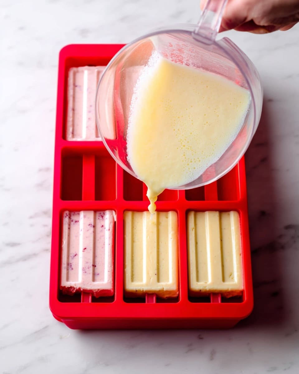 A bright red popsicle mold with eight rectangular slots is filled partially with two different mixtures. Four slots on the left are filled with a pale pink, creamy mixture with small darker pink specks. The four slots on the right have a light yellow, frothy mixture being poured into the third slot from the top by a transparent bowl held by a woman's hand, showing a thick and bubbly texture. The popsicle mold sits on a white marbled surface, with the focus on the texture and color contrast between the pink and yellow mixtures. photo taken with an iphone --ar 4:5 --v 7