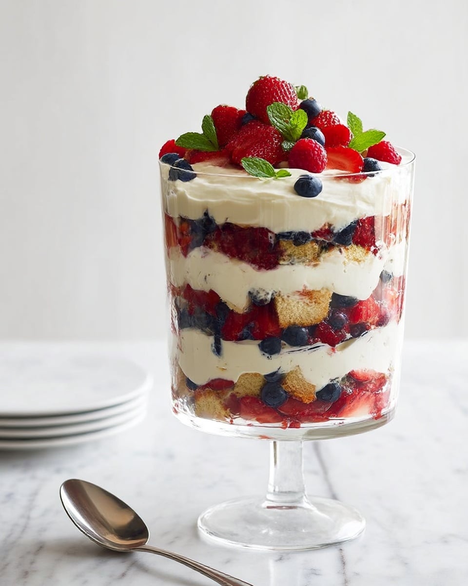 A clear glass bowl with three visible layers on a white marbled surface: the bottom layer consists of mixed fresh berries including strawberries, blueberries, and raspberries with a bright red and blue color mix; the middle layer is thick white cream spread evenly over the berries; the top layer is made of light golden ladyfinger biscuits neatly placed side by side, dusted lightly with sugar. The bowl shows a rich and colorful contrast between the red berries, white cream, and golden biscuits. Photo taken with an iphone --ar 4:5 --v 7