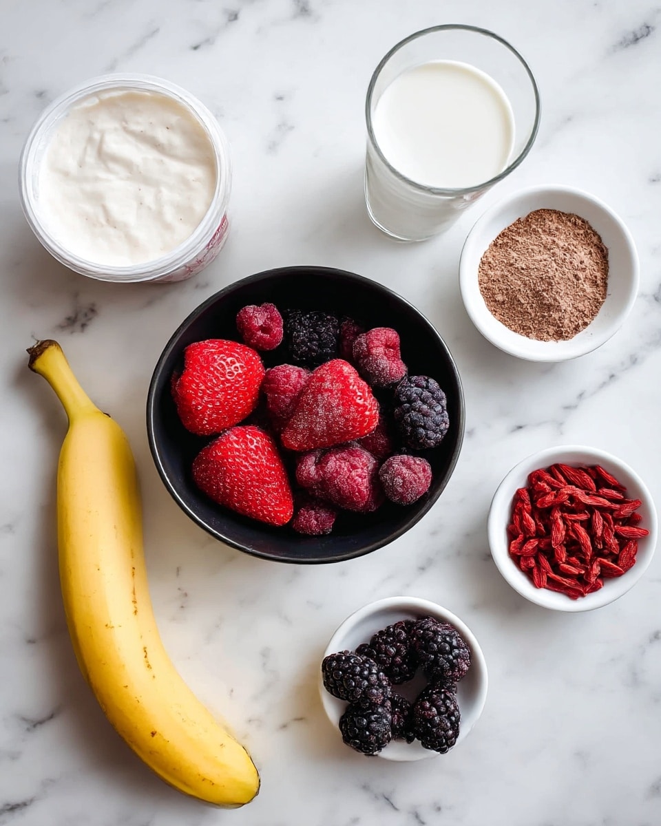 A top-down view shows ingredients on a white marbled surface: a whole yellow banana in the bottom left, a black bowl filled with mixed frozen berries including large red strawberries and smaller dark blackberries and raspberries in the center. To the top left, there's a white container filled with creamy white yogurt and to the right of it, a clear glass filled with a white liquid. On the right side, two small white bowls hold ingredients; the top one contains a brown powder and the bottom one is filled with red dried goji berries. Photo taken with an iphone --ar 4:5 --v 7