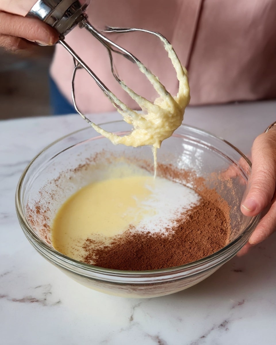 A clear glass bowl sits on a white marbled surface filled with three visible layers of mixing ingredients: a pale yellow creamy batter on the bottom and sides, a darker brown cocoa powder mixture on one side, and a thin layer of white liquid that looks like milk or cream resting on top of the brown mixture. A metal hand mixer is held above the bowl with some pale yellow batter stuck to the beaters. The background shows a person wearing a light pink shirt. Photo taken with an iphone --ar 4:5 --v 7