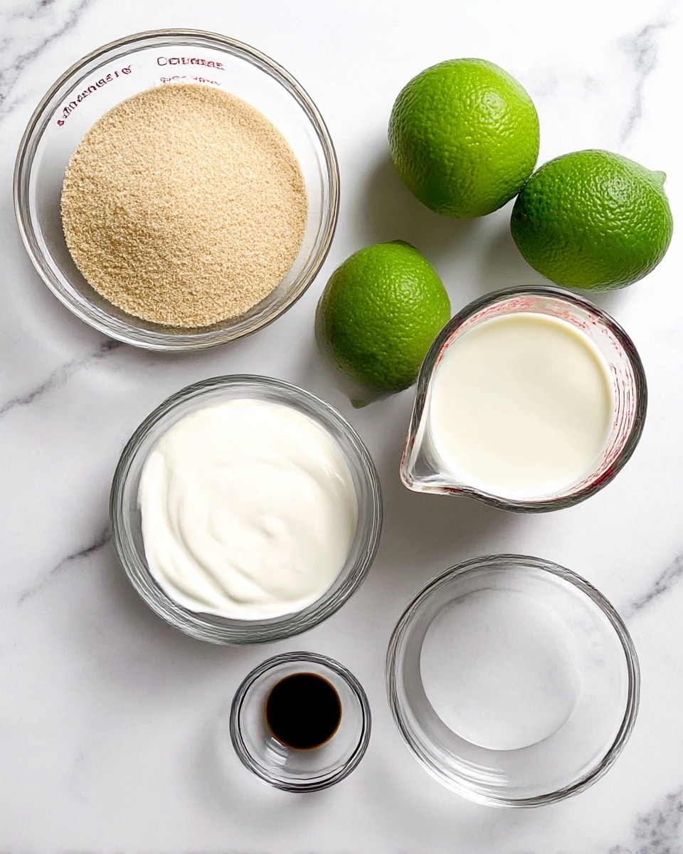 The image shows five ingredients placed on a white marbled surface: a clear round bowl filled with light brown organic cane sugar on the top left, and to its right, two whole green limes with textured skin. On the top right, there is a transparent measuring cup filled with creamy white coconut milk. Below the cane sugar, there's a small clear round bowl containing smooth white coconut yogurt. Next to it on the right, there is a tiny clear bowl with a drop of dark natural food coloring. The setup looks clean and bright, arranged neatly for a recipe photo, photo taken with an iphone --ar 4:5 --v 7