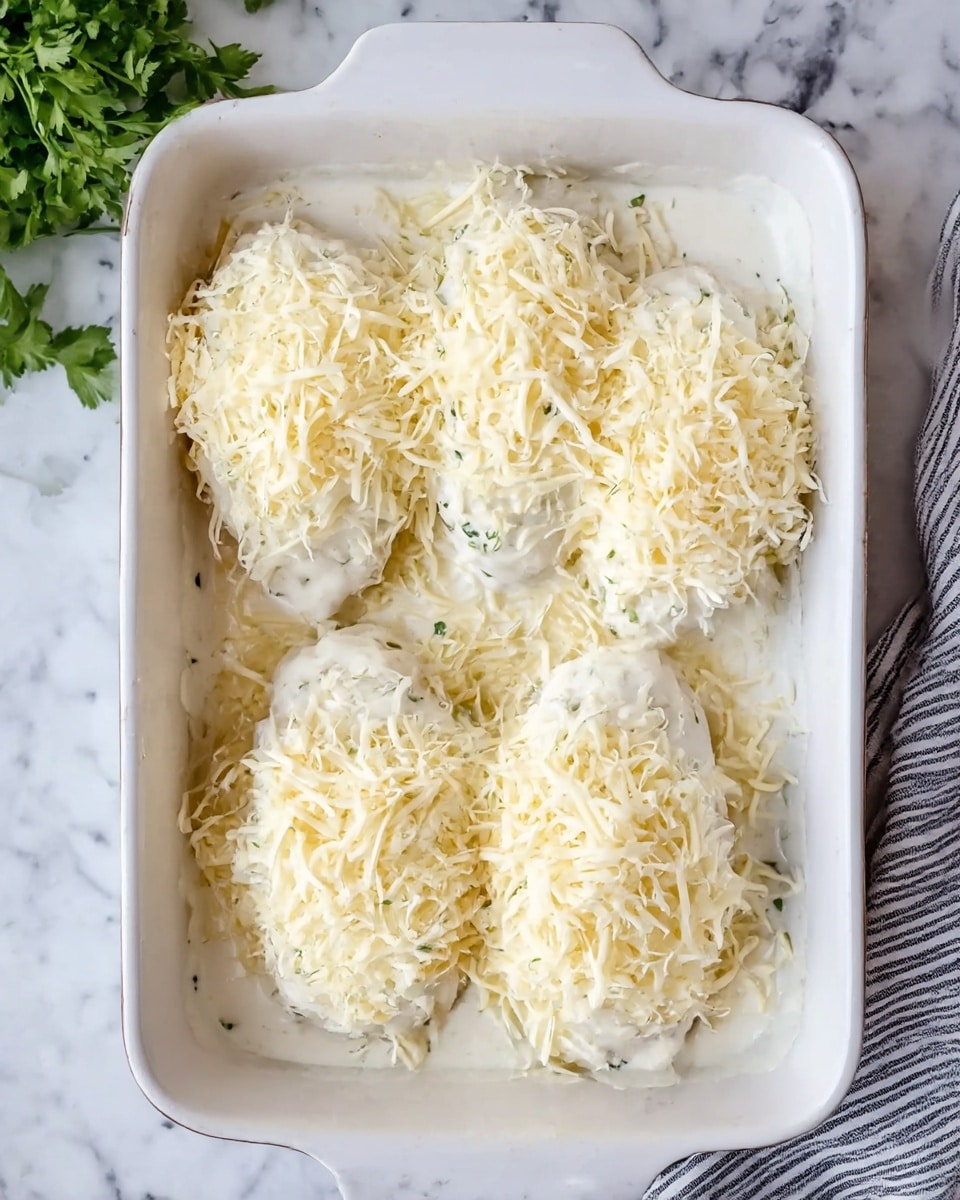 The image shows a white rectangular baking dish with three large pieces of food inside, each coated with a thick layer of white sauce. On top of the sauce is a generous layer of shredded cheese, mixing white and pale yellow colors, evenly spread on all pieces. The dish is set on a white marbled surface with some green herbs in the upper left corner and a striped cloth napkin on the right side. The overall scene is bright and clean. Photo taken with an iphone --ar 4:5 --v 7