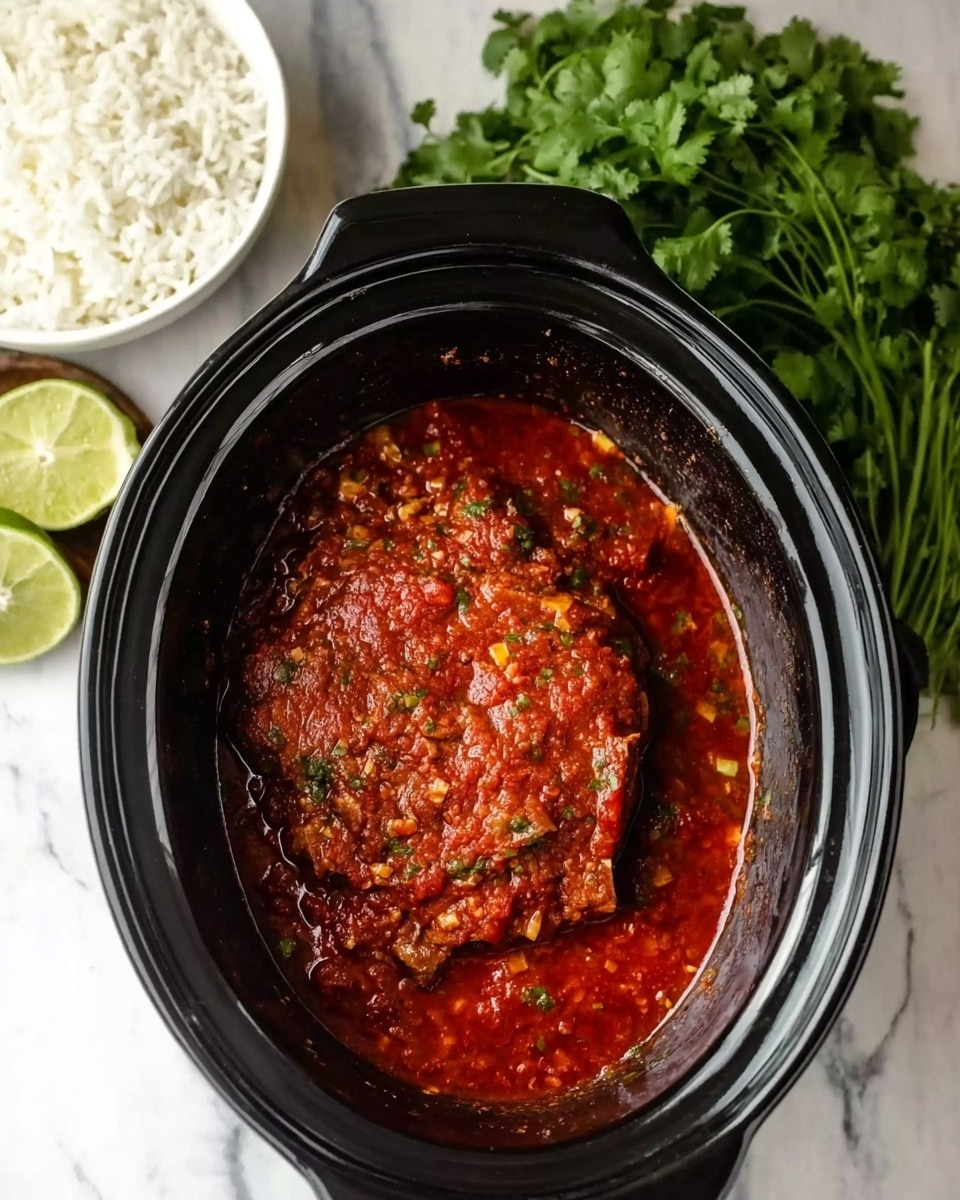A black slow cooker filled with a thick, chunky red tomato sauce covering a piece of cooked meat, with visible small bits of green herbs and a rich, glossy texture. To the upper left, there is a white bowl with white rice, beside two wedge slices of lime. At the upper right, there is a bunch of fresh green cilantro. The whole scene is set on a white marbled surface. Photo taken with an iphone --ar 4:5 --v 7