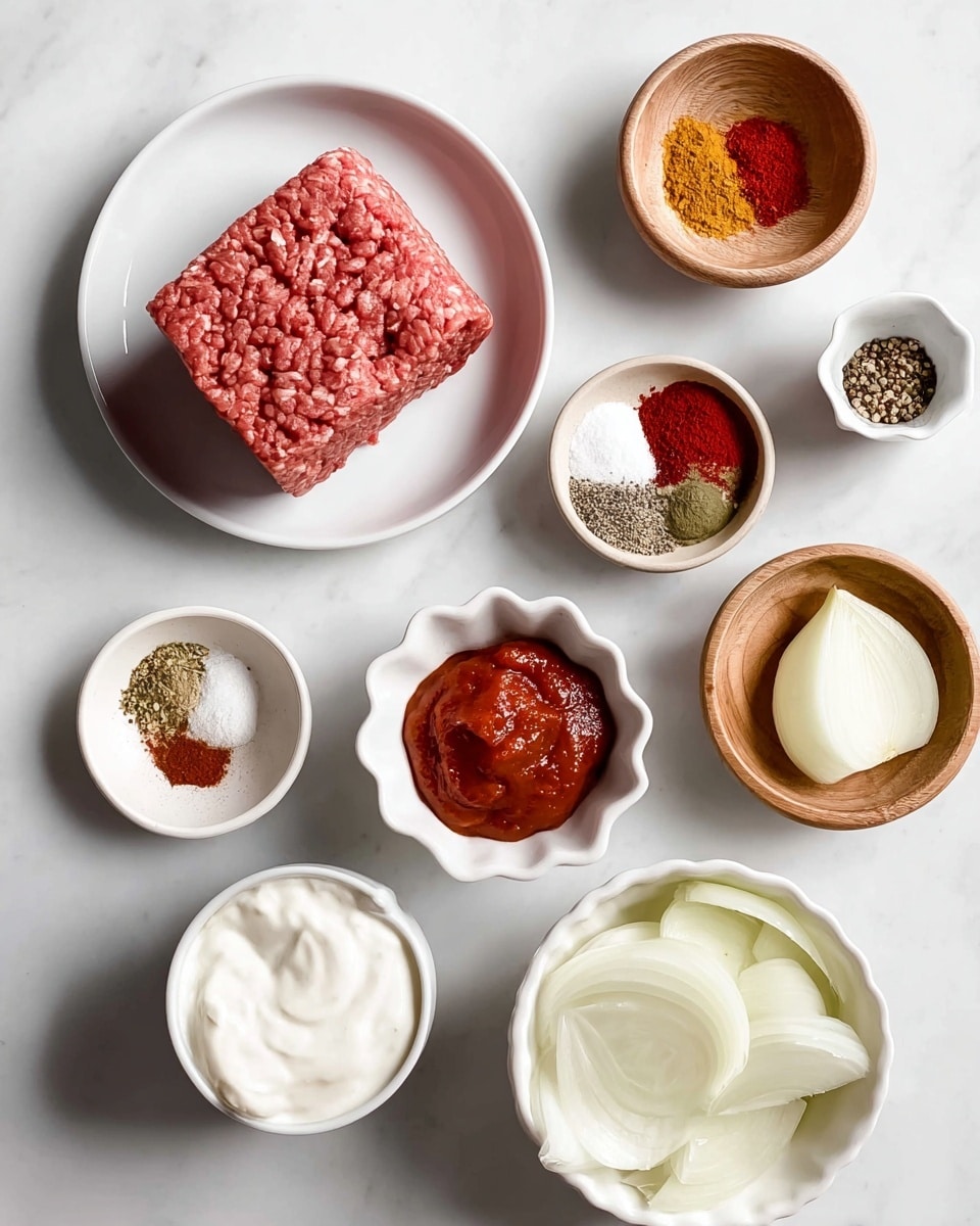 The image shows a white bowl with a square block of raw ground beef on the left side. Above it, there are small white and wooden bowls with various spices and ingredients: red pepper flakes (bright red), paprika (orange-red), cumin (brownish), salt and pepper (white and black mix), and two garlic cloves in a small white cup. A white scalloped bowl in the center holds thick red tomato paste. To the right, a white bowl contains peeled quartered onions, and above that bowl, a white cup filled with thick white Greek yogurt. All items are arranged on a white marbled surface, photo taken with an iphone --ar 4:5 --v 7