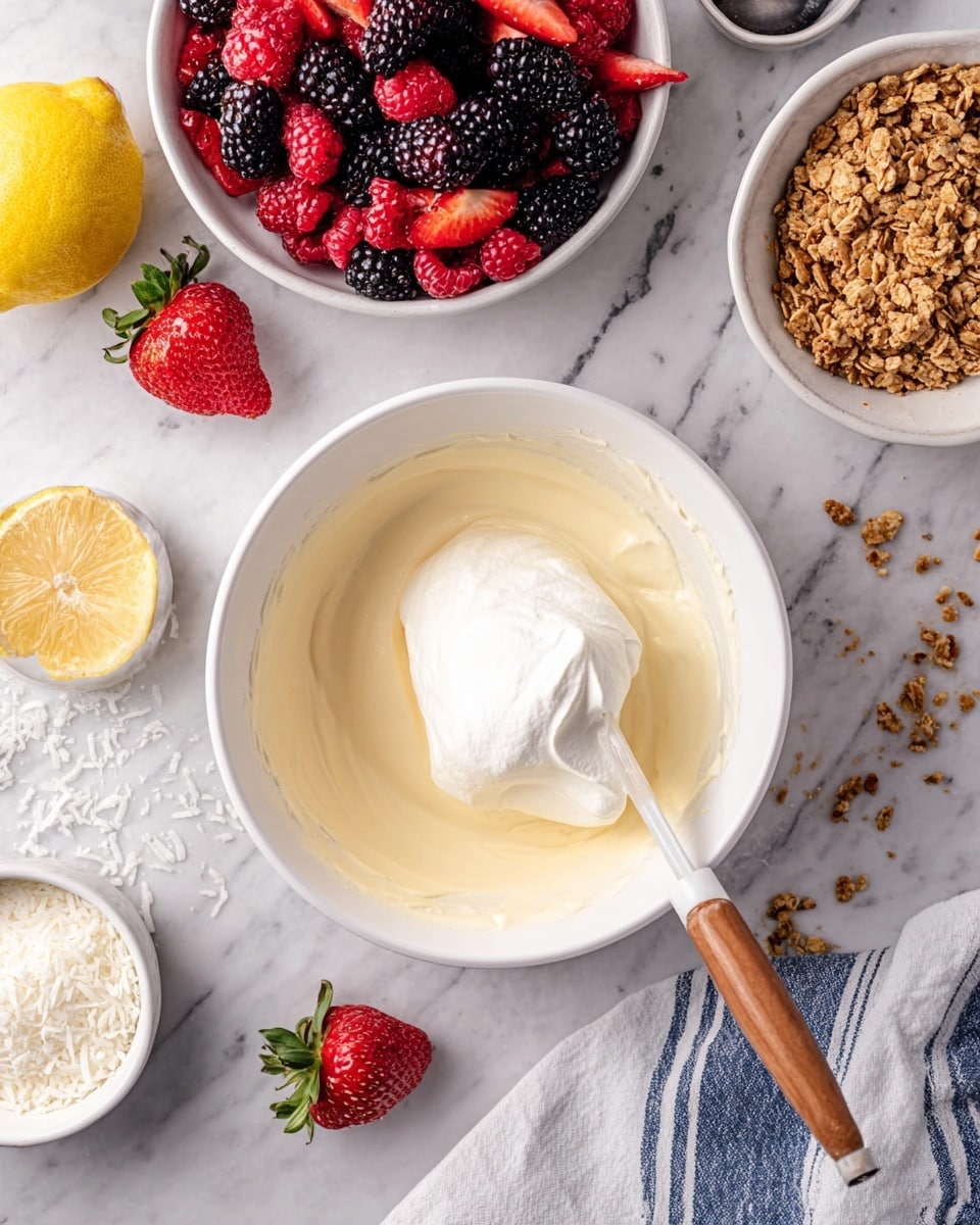 The image shows a white bowl at the center filled with two layers of creamy mixture; the bottom layer is a smooth, pale yellow cream, and on top is a fluffy, white dollop being scooped with a spatula that has a wooden handle. Above the main bowl, there is a white bowl filled with fresh, mixed berries including strawberries, raspberries, and blackberries, showcasing vibrant reds and dark purples. To the right of the berry bowl, there is a bowl with brown crunchy granola and beside it, a half-cut yellow lemon is placed on a white marbled surface. Further right, there is another white bowl with a small white creamy substance inside. At the bottom left corner is a small bowl of shredded white coconut. Scattered around the bowls are some loose berries and granola crumbs. A white cloth with blue stripes is partially visible on the bottom right corner. Photo taken with an iphone --ar 4:5 --v 7