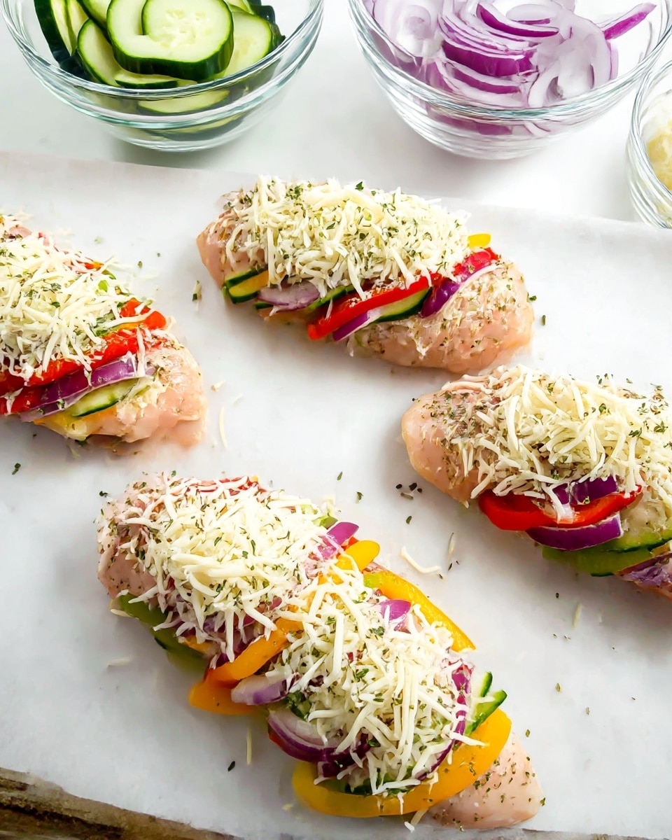Three raw chicken breasts are sliced in rows and filled with layers of colorful vegetables including red, yellow, and green bell peppers, and purple onions. Each chicken breast is sprinkled with herbs and topped with a generous layer of shredded white cheese. The chicken breasts rest on a white marbled surface, and in the background, clear glass bowls contain sliced cucumbers and onion rings. The edges of a baking sheet are visible at the bottom. photo taken with an iphone --ar 4:5 --v 7