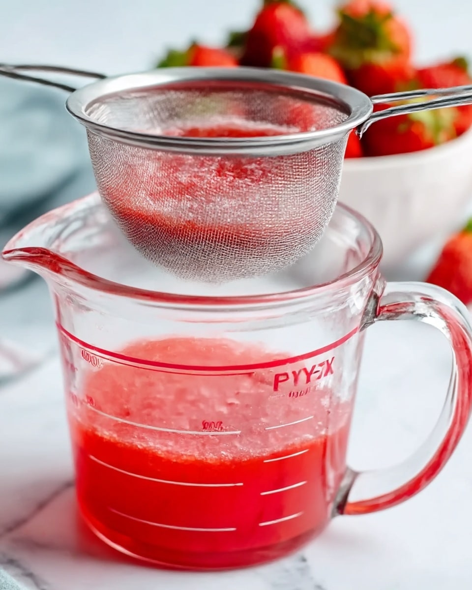 The image shows a clear glass Pyrex measuring cup filled with bright red liquid, positioned on a white marbled surface. A silver fine mesh strainer sits on top of the cup, filled with fruity pulp that is being strained into the cup below. The measuring cup has red measurement markings and a handle on the right side. In the background, there is a blurred white bowl filled with fresh strawberries, adding a pop of red and green color. The overall feel is clean and fresh with soft natural light highlighting the textures of the liquid and fruit. Photo taken with an iphone --ar 4:5 --v 7