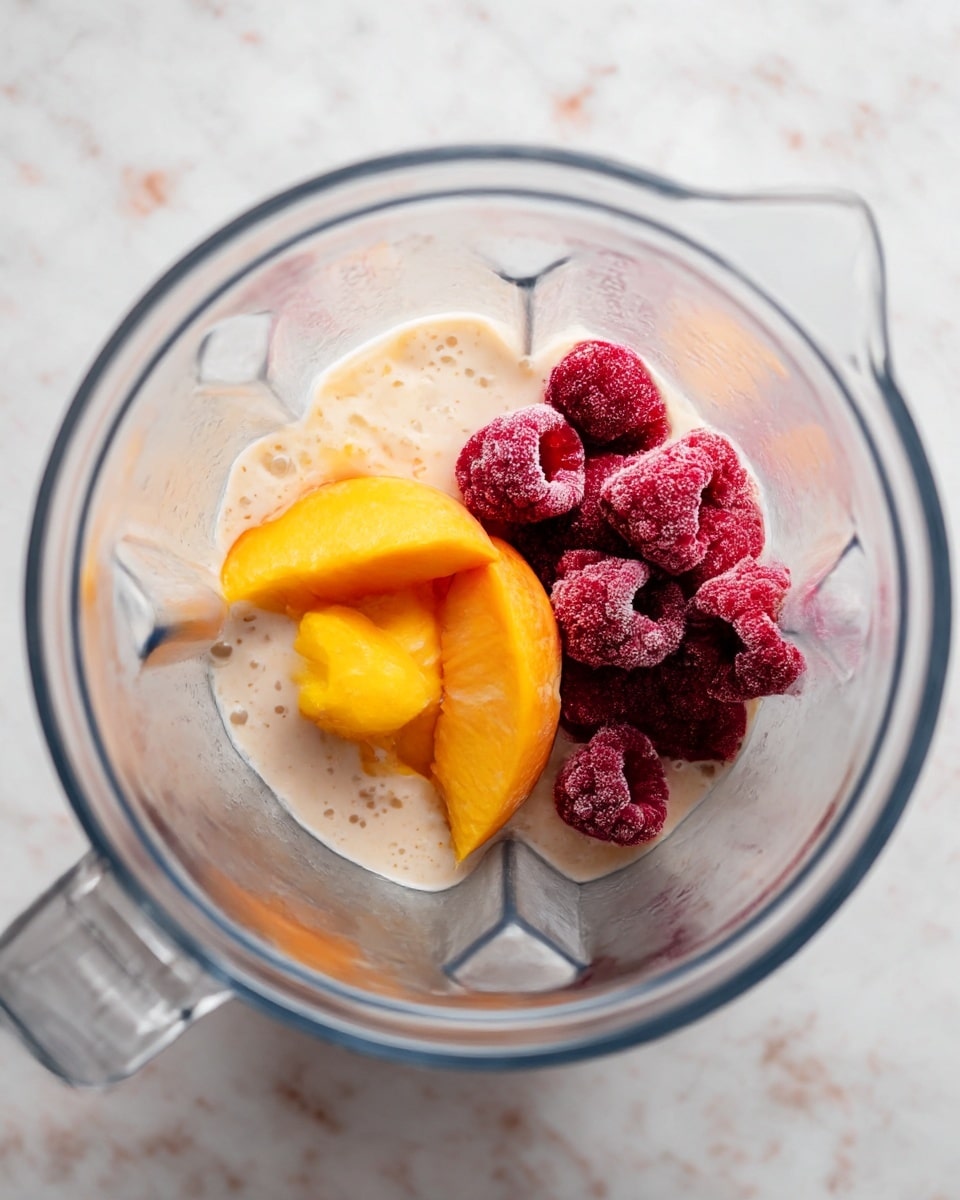 Inside a clear blender jar on a white marbled surface, there are two main layers of ingredients: the bottom layer is a creamy light beige liquid base with some white spots, and on top, there are bright yellow peach slices with a frosty texture and a cluster of deep red frozen raspberries with a slightly frosted look, all arranged unevenly with the peach slices on the right side and raspberries mostly on the left and center; the blender jar's edges are smooth and slightly shiny. photo taken with an iphone --ar 4:5 --v 7