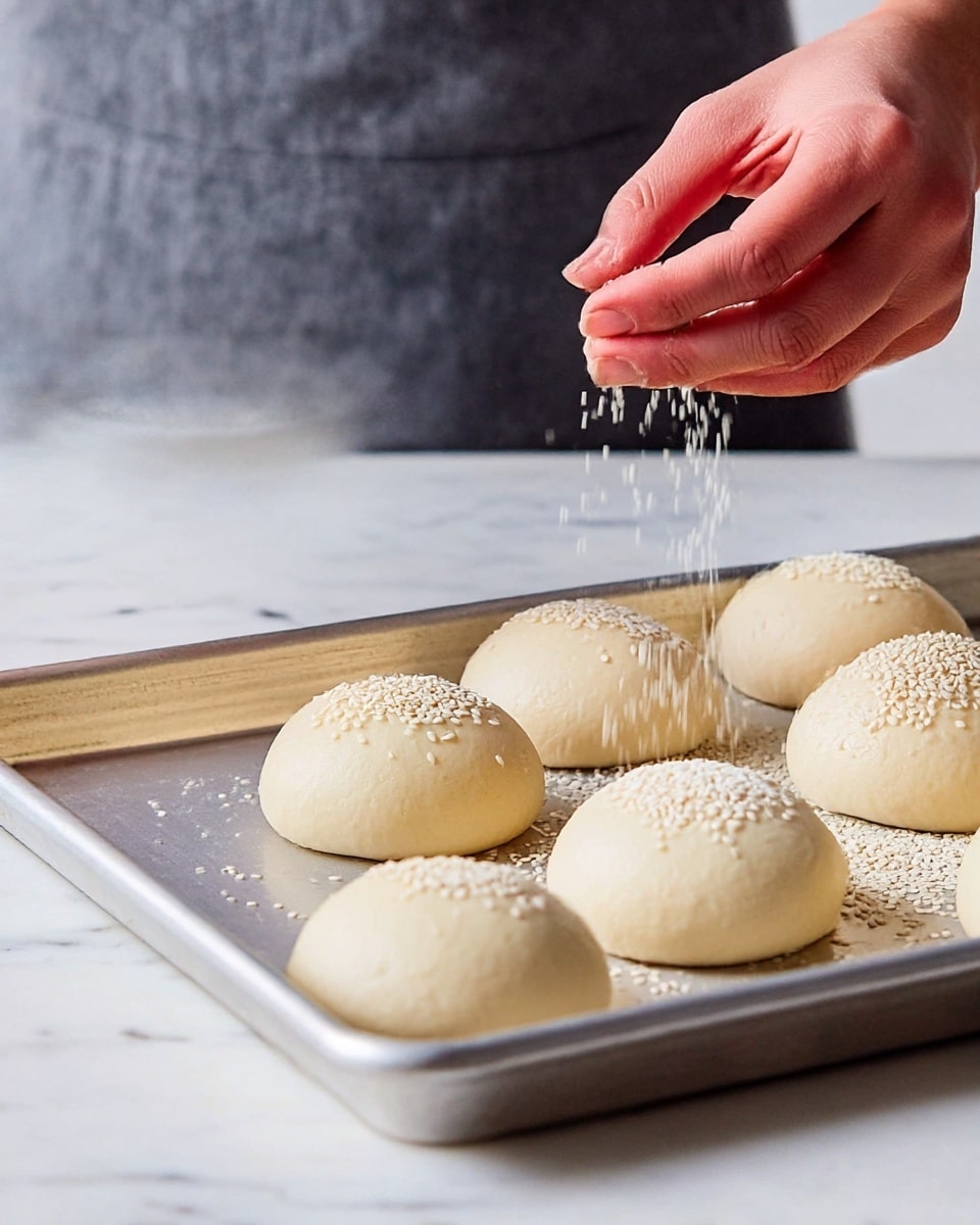 A close-up photo shows several round dough balls resting on a silver baking tray, each ball smooth and pale. A person wearing a gray apron is sprinkling white sesame seeds over the dough balls using their left woman's hand, which holds a small white bowl filled with sesame seeds. The right woman's hand is mid-motion, letting the seeds fall gently onto the dough. The background surface is a white marbled texture. photo taken with an iphone --ar 4:5 --v 7