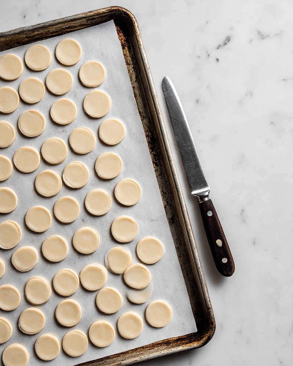 The image shows a metal baking tray lined with white parchment paper on a white marbled surface. On the parchment paper are many small, evenly spaced, pale beige dough circles, arranged in neat rows. A knife with a dark wooden handle and shiny steel blade lies diagonally near the top right corner on the tray. The tray is worn with dark spots and scratches. photo taken with an iphone --ar 4:5 --v 7