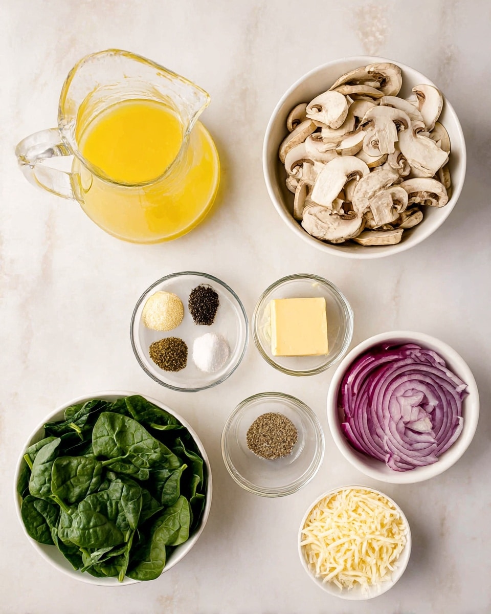 The image shows a top view of ingredients on a white marbled surface. There is a large clear glass pitcher filled with yellow melted butter on the top left. Next to it on the right is a white bowl filled with pale brown and white sliced mushrooms. Below the pitcher, there is a small round dish with four sections containing black pepper, dried herbs, salt, and garlic powder. Below that is a small glass dish with a light yellow square piece of butter. To the right of that is another small glass bowl holding pale yellow grated parmesan cheese. On the bottom left is a white bowl full of green fresh spinach leaves. To the right of that and slightly above is a white bowl filled with thin purple and white sliced red onions. In the bottom right corner, there is a small white bowl filled with shredded pale yellow cheese. photo taken with an iphone --ar 4:5 --v 7