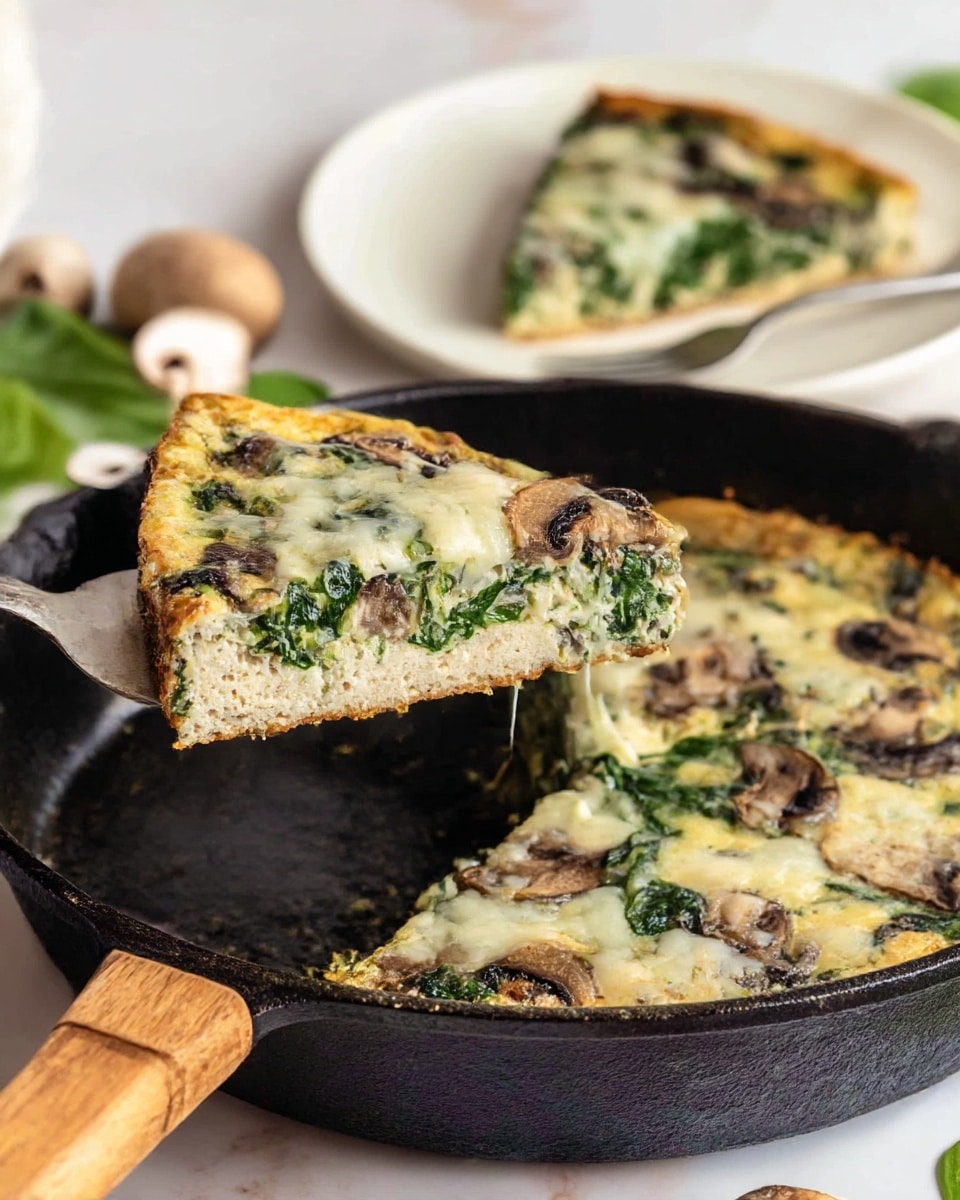 A slice of frittata is lifted from a black cast iron skillet with a wooden handle. The frittata has three visible layers: a thick, light beige egg base at the bottom with a soft, slightly textured look; a middle layer of green spinach leaves and brown, thin mushroom slices evenly spread throughout; and a top layer of melted white cheese showing some golden brown spots, covering the greens and mushrooms. The skillet sits on a white marbled surface with a few mushrooms and spinach leaves around it. In the background, a white plate holds another frittata slice with a fork. Photo taken with an iphone --ar 4:5 --v 7