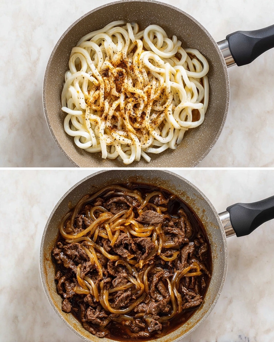 In a gray frying pan with a black handle on a white marbled surface, the first image shows two layers: the bottom layer is white, thick udon noodles loosely coiled, and the top layer is a drizzle of brown sauce with visible black pepper flakes spread unevenly. The second image in the same pan shows a mix of the udon noodles now coated in a glossy dark brown sauce, with tender slices of dark brown cooked beef intertwined with the noodles, creating a rich and saucy texture in the pan. Photo taken with an iphone --ar 4:5 --v 7