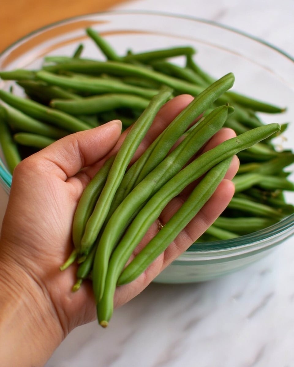A woman's hand is holding a small bunch of fresh green beans, the beans are long and smooth with light natural imperfections and ends showing slight stems. Behind the hand, there is a clear glass bowl filled with more green beans that have a vibrant green color and smooth texture. The scene sits on a white marbled surface that adds a clean, bright look to the image. Photo taken with an iphone --ar 4:5 --v 7
