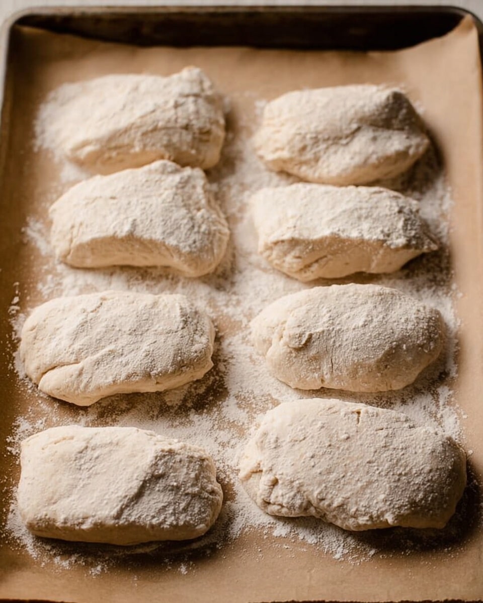 There are eight pieces of light beige dough shaped irregularly in two rows on a baking sheet lined with brown parchment paper. The dough pieces have a slightly rough texture with a light dusting of flour on top and around them. The edges of the dough are somewhat folded or pressed, creating gentle layers and soft creases. The surface under the parchment paper is barely visible but suggests a metal tray. The overall look is simple and rustic, showing raw dough just before baking. Photo taken with an iphone --ar 4:5 --v 7