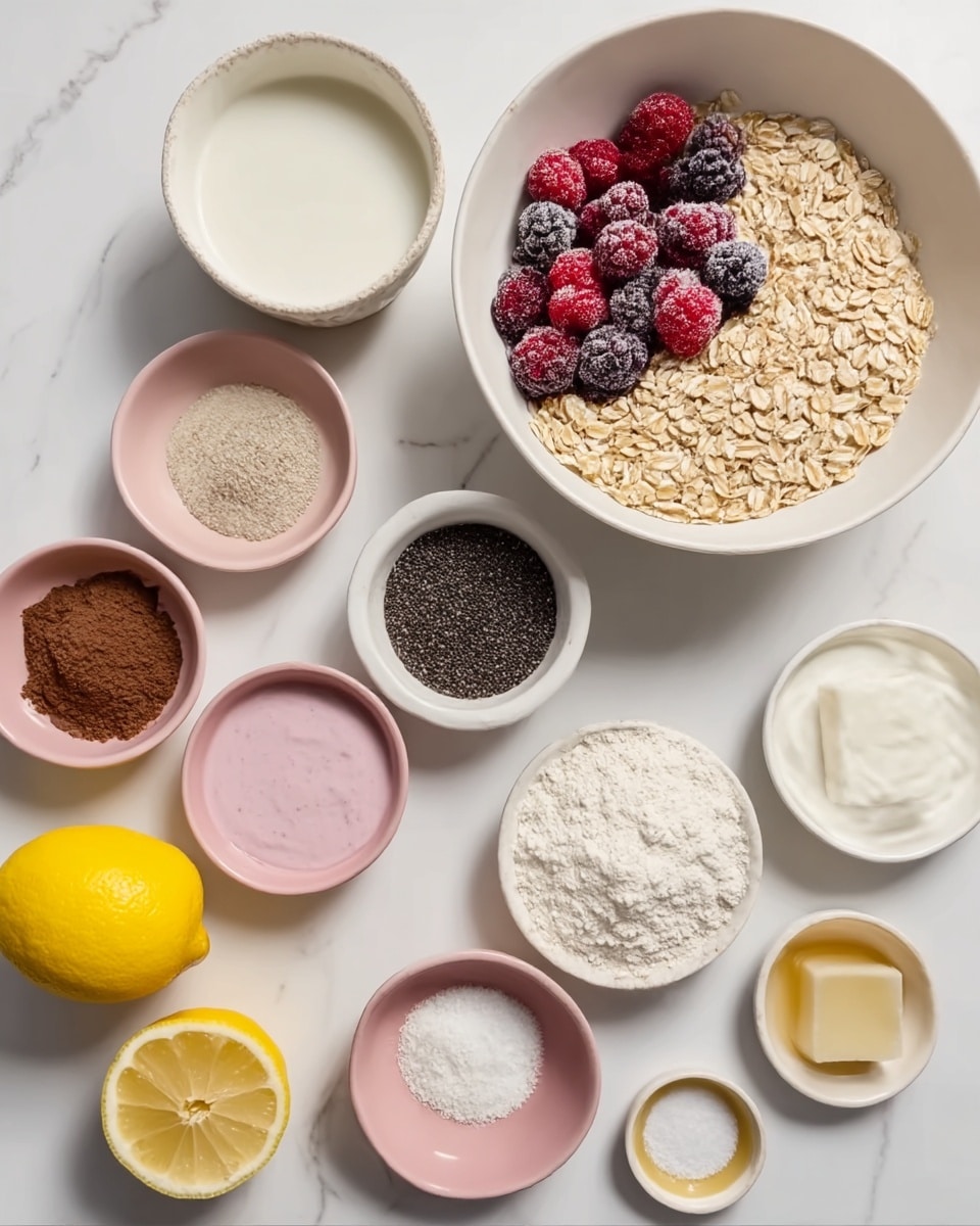 The image shows a white marbled surface with several white and light pink bowls and plates arranged neatly, each holding different cooking ingredients. Starting from the large white bowl on the right side filled with light brown rolled oats, near the center is a white bowl filled with mixed red and black frozen berries coated lightly in frost. Around these, smaller white and pink dishes hold various powdered and creamy ingredients: a small white bowl with dark brown powder, another pink bowl with light brown powder, a pink bowl with white flour, and another pink bowl with thick white cream or yogurt. There is a white bowl filled with a black granular substance, possibly chia seeds, and a larger white bowl filled with a clear liquid, perhaps milk. Additionally, there is a fresh whole yellow lemon and two lemon halves placed near the center-left. Other small round white and pink dishes contain a pale solid block, a golden liquid, and a pinch of fine white salt. Everything is displayed in a clean and organized way. Photo taken with an iphone --ar 4:5 --v 7
