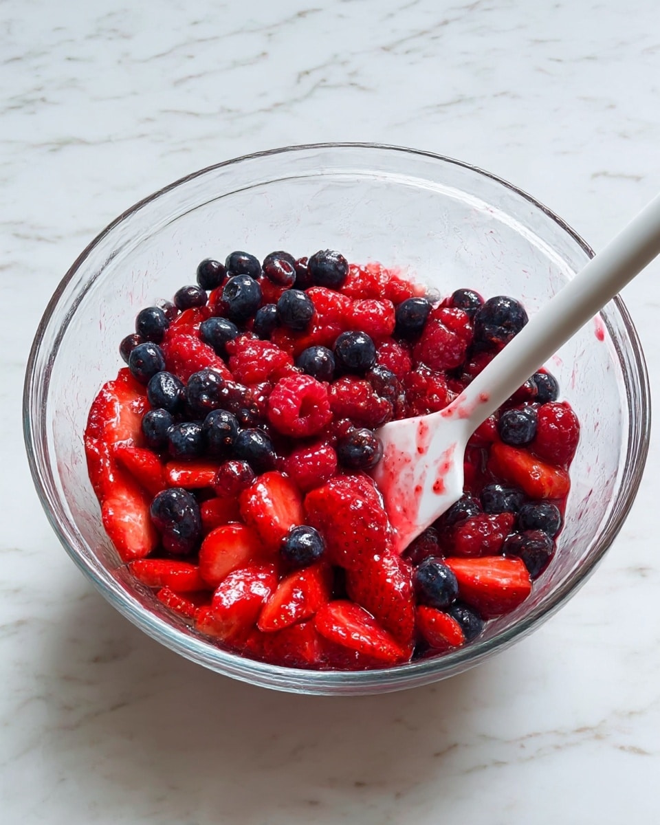 A clear glass bowl filled with mixed fresh berries sits on a white marbled surface. The mixture has three layers: the bottom layer is deep red strawberry slices with soft texture, the middle layer is a shiny red mix of raspberries, and the top layer consists of round dark blue blueberries with smooth skin. A white spatula rests inside the bowl on the right side, partially covered in red juice from the berries. The overall colors are bright red and dark blue against the clear bowl and white marbled background. photo taken with an iphone --ar 4:5 --v 7