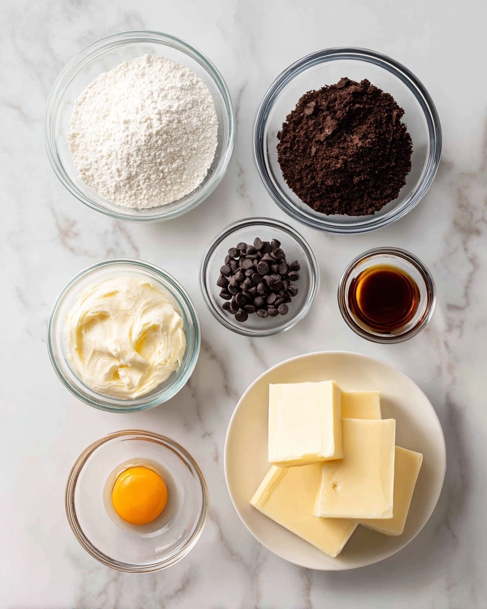 A top-down view of seven ingredients placed on a white marbled surface arranged in a loose circle, with four clear glass bowls and one white plate; the largest glass bowl at the top left contains a white powder mix labeled flour, baking soda, and salt; to its right, a clear glass bowl filled with dark brown granulated sugar; below that, a smaller glass bowl of shiny dark chocolate chips; on the left, a glass bowl filled with creamy white sourdough discard; in the center, a tiny glass bowl of dark amber vanilla extract; below and to the right, a white plate holding three square slices of pale yellow unsalted butter; bottom left shows one brown egg yolk without the white; all ingredients are neatly arranged and labeled with clear text; photo taken with an iphone --ar 4:5 --v 7